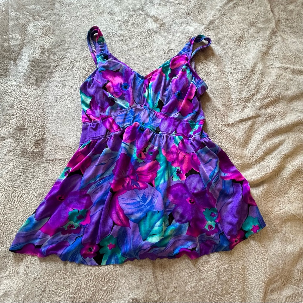 Jantzen purple blue pink skirt one piece printed swimsuit Size approx M